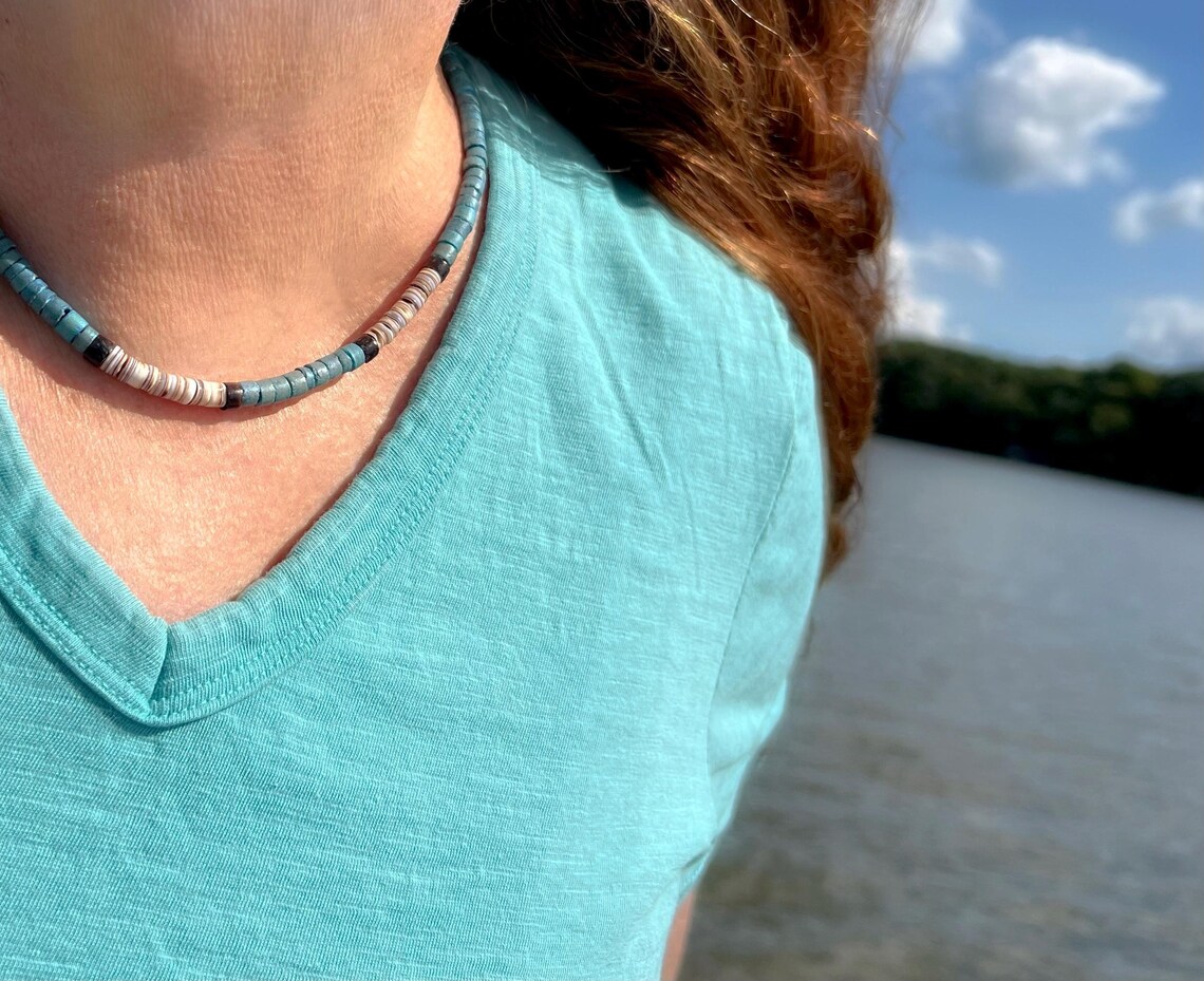 Surfer Shell Chain Shell Heishi Surfer Necklace in Aqua, Whites and Browns. Custom Length ...