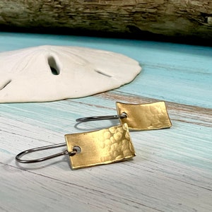 Made and Ready to Ship Little Lightly Hammered Brass Earrings with Stainless Steel Earwires. Small, Lightweight, Minimalist Earrings. image 4