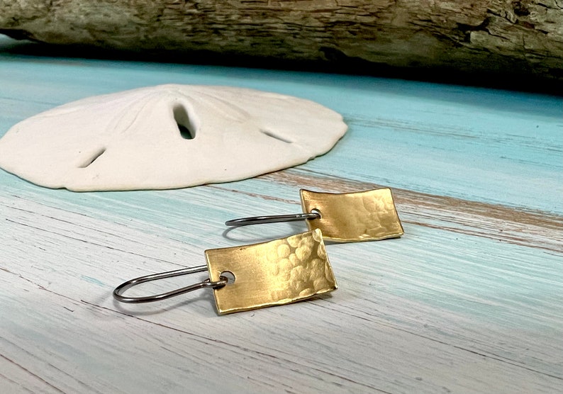 Made and Ready to Ship Little Lightly Hammered Brass Earrings with Stainless Steel Earwires. Small, Lightweight, Minimalist Earrings. image 4