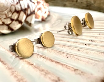 Round Sanded Brass Studs with Stainless Steel Posts. Pure Raw Brass. 6mm & 10mm Sizes. Rustic Minimalist Earrings for Men and Women