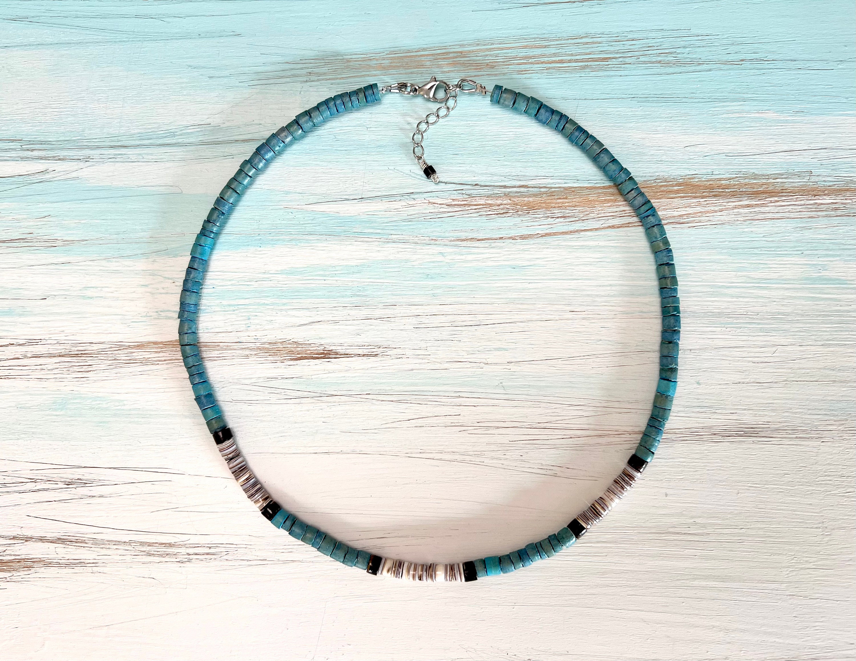 Surfer Shell Chain Shell Heishi Surfer Necklace in Aqua, Whites and Browns. Custom Length ...