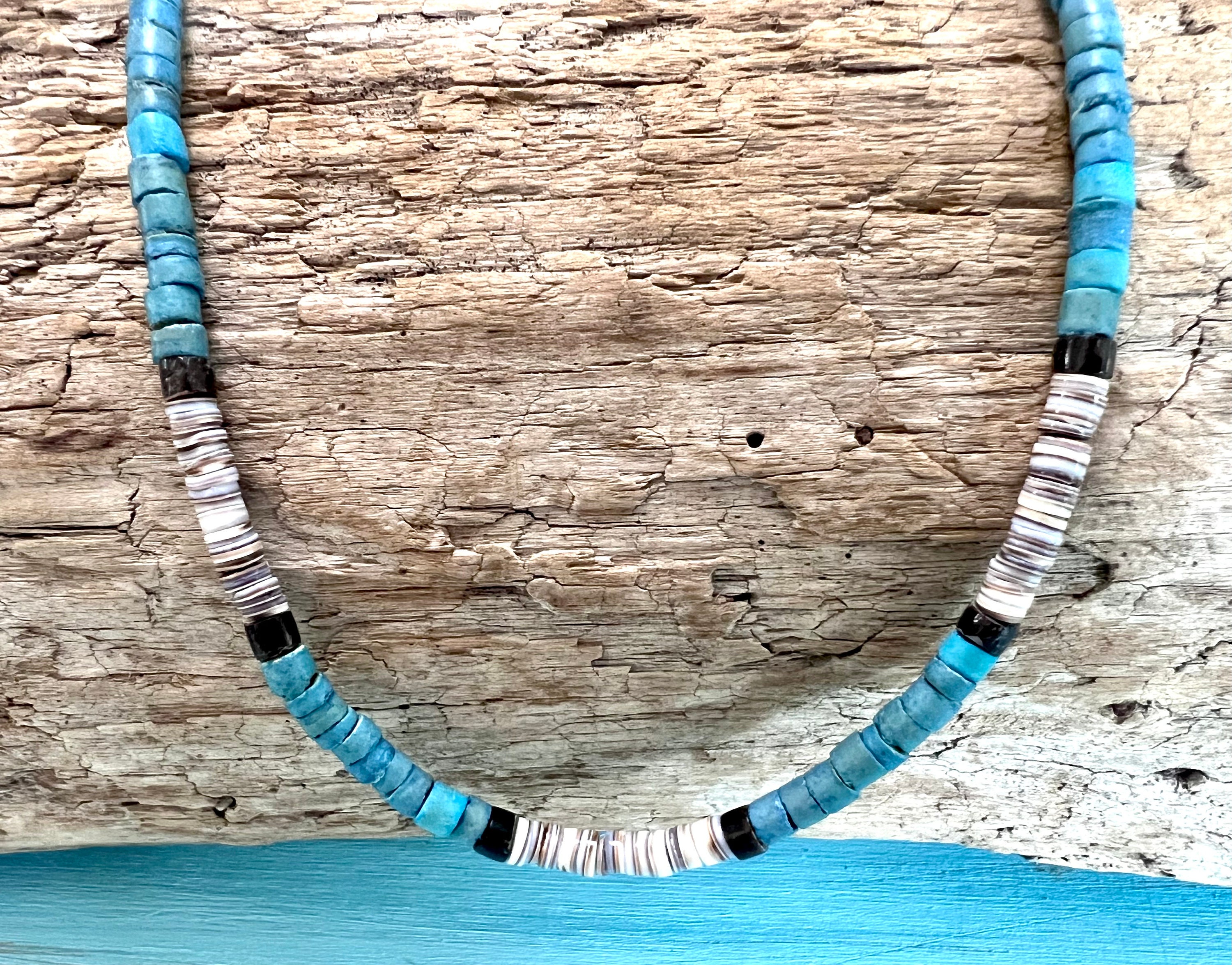 Surfer Shell Chain Shell Heishi Surfer Necklace in Aqua, Whites and Browns. Custom Length ...