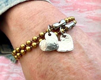 Raw Brass Ball Chain & Hammered Heart Charm Chunky Mixed Metals Bracelet. Choice of Heart and Length. Removable Charm. Layering Bracelet!