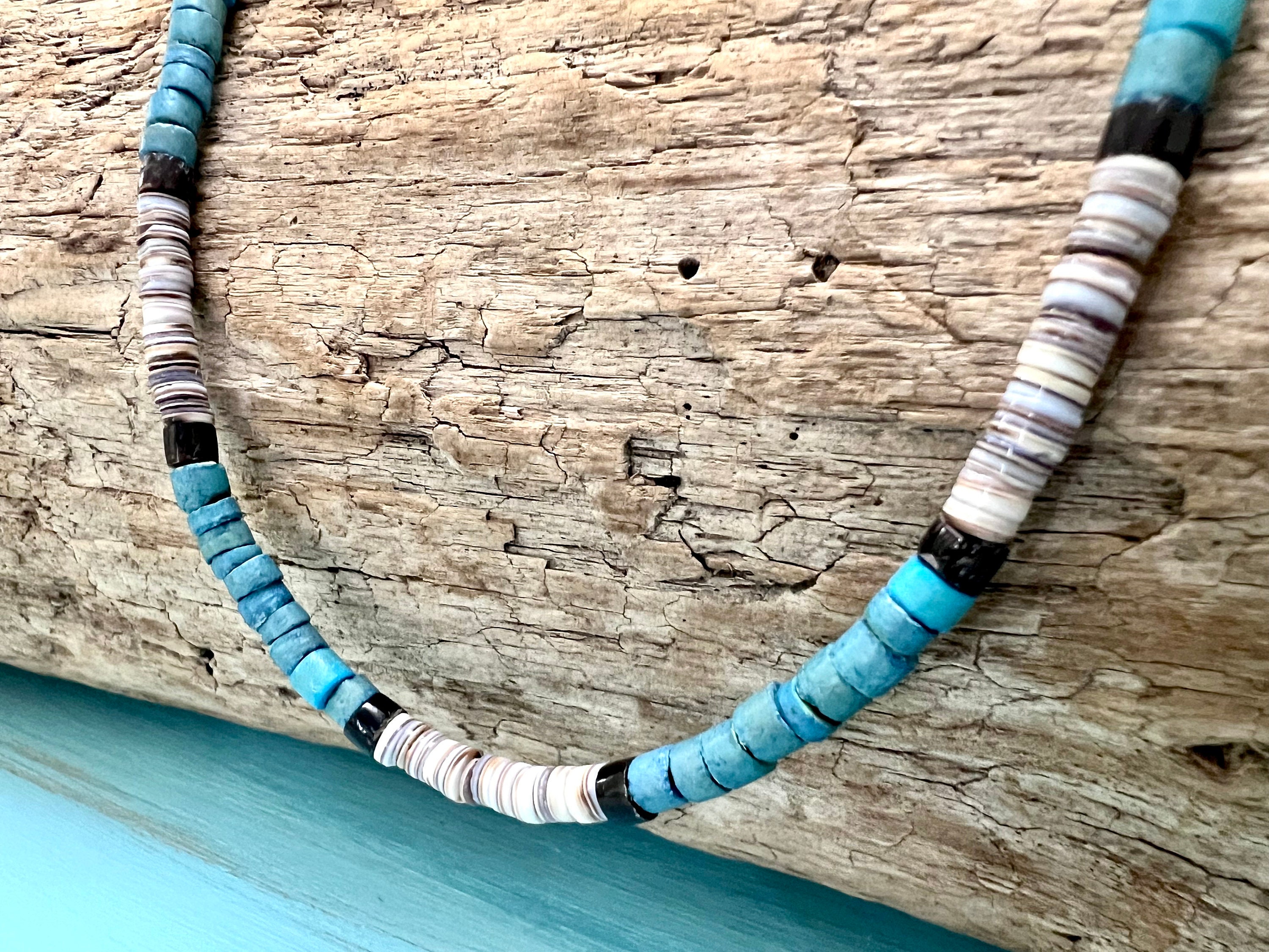 Surfer Shell Chain Shell Heishi Surfer Necklace in Aqua, Whites and Browns. Custom Length ...