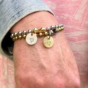 Mixed Metals Hand Stamped Heart Charms & Ball Chain Bracelets. Brass and Stainless Steel 4.5mm chains. Removable Charms. Layering Bracelets!