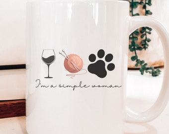 Knitting Mug, Wine Dogs Design, Funny Yarn Lover Gift, 15oz Ceramic