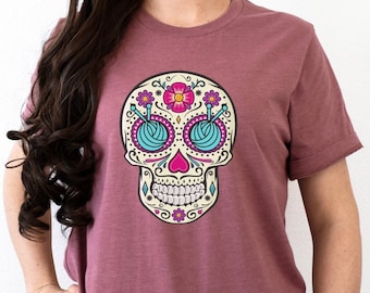 Sugar Skull Knitting T-Shirt, Yarn Lover Graphic Tee