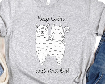 Keep Calm Knit On T-Shirt, Llama Cat Graphic, Funny Knitter Gift