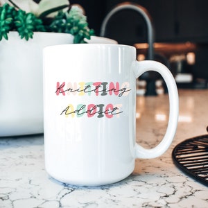 Knitting Mug, Knitting Addict Pink, Ceramic Mug 15oz, Funny Knitting Gift, Gift For Her, Knitting Coffee Mug, Knitter Mug, Yarn Lover