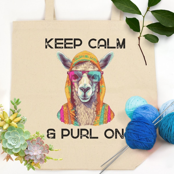 Knitting Canvas Tote Bag, Keep Calm & Purl On, Yarn Lover, Gift For Her, Knitter Gift, Yarn Bag,  Project Bag For Knitter, Alpaca Lover