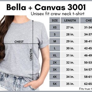 May include: A gray Bella + Canvas 3001 unisex crew neck t-shirt with size chart showing measurements in inches. The chart includes sizes XS through 5X, with corresponding chest and length measurements.