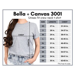May include: A size chart for a unisex Bella + Canvas 3001 crew neck t-shirt. The chart shows the size, length, and chest measurements in inches for sizes XS to 5X.