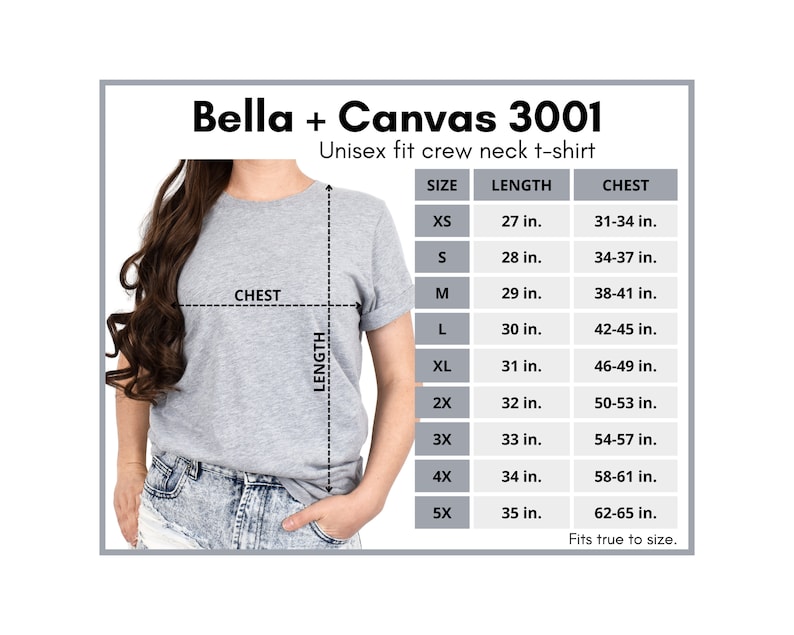 May include: A size chart for a unisex Bella + Canvas 3001 crew neck t-shirt. The chart shows the size, length, and chest measurements in inches for sizes XS to 5X.