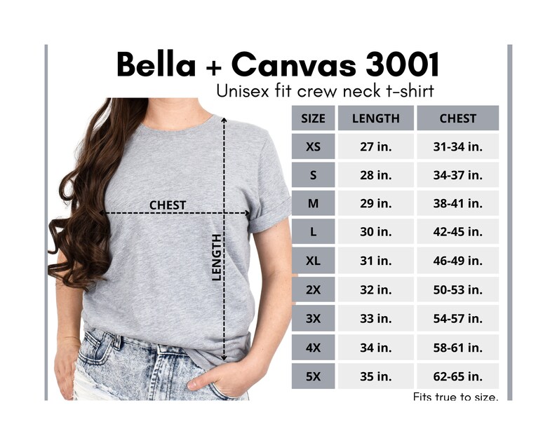 May include: Size chart for a Bella + Canvas 3001 unisex crew neck t-shirt. The chart shows the chest and length measurements in inches for sizes XS to 5X.