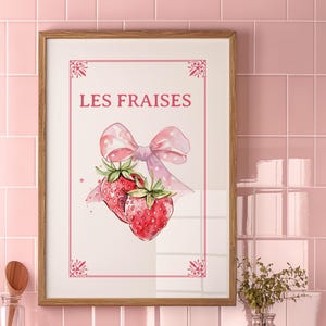 Les Fraises - Watercolor Strawberries with Bow Print | Cute Pink Kitchen Decor | Trendy Fruit Wall Art | Grandmillenial Aesthetic Decor Room
