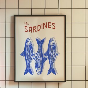 Las Sardinas, Arte mural retro de sardina azul, Decoración costera francesa, Arte mural retro de vida marina, Ilustración digital de peces de moda