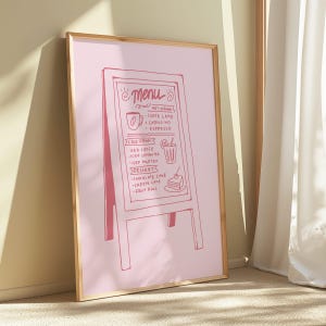 Impressão digital de placa de cardápio de cafeteria | Arte de parede rosa para cafeteria | Decoração fofa para cozinha | Impressão de arte de parede moderna para o verão | Decoração feminina para apartamento