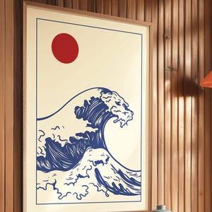 Japanese Waves Digital Poster | Hokusai-Inspired Art Print | Vintage Japanese Art Poster | Minimalist Retro Travel Souvenir Decor