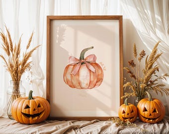Coquette Pink Pumpkin Watercolor Print: Preppy Fall Wall Art (Instant Digital Download)