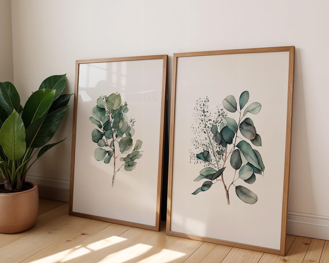 Green Botanical Print Set of 2: Watercolor Eucalyptus Leaves Wall Decor ...