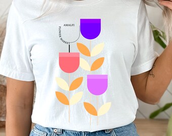Camiseta gráfica do mercado de flores da Costa Amalfitana: camiseta de viagem vintage italiana