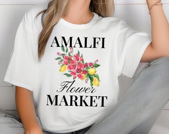 Camiseta gráfica do mercado de flores de Amalfi: camisa italiana vintage chique e confortável em cores