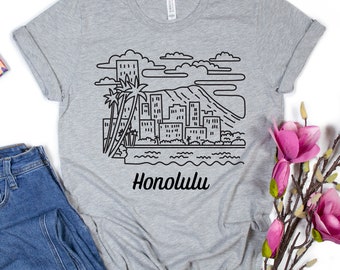 Camisa havaiana Honolulu com arte em linha: camiseta unissex Waikiki Beach