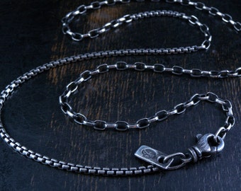 Sterling silver 3/4 oval rolo and round box custom chain Made To Order with deep antique finish