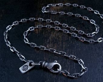3.1mm Sterling silver tugboat anchor chain Made To Order with deep rustic finish and extender links