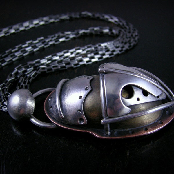 Large spacey scarab pendant with triple box chain sterling silver, brass, copper