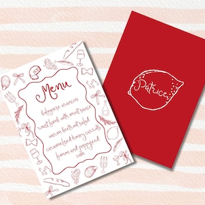 May include: A white menu card with a red border and red illustrations of food and drink. The menu lists bolognese arancini, roast lamb with mint sauce, warm beetroot salad, caramelized honey carrots, and lemon and poppyseed cake. A red card with a white lemon illustration and the name Patrice is visible in the background.