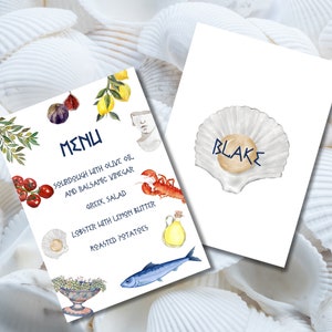 Mediterranean Hand Drawn Menu Place Card Template- Italian Greek Mediterranean European Dinner Party Wedding Menu Place Card Customisable