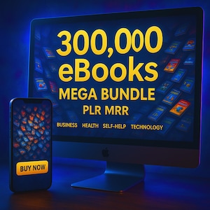 Könnte beinhalten: Ein Computerbildschirm zeigt einen blauen Hintergrund mit dem Text "300.000 eBooks MEGA BUNDLE PLR MRR" in Gelb. Der Bildschirm zeigt eine Collage von Buchumschlägen. Unter dem Text befinden sich fünf Schaltflächen mit den Bezeichnungen "Business", "Health", "Self-Help", "Technology" und "Buy Now".