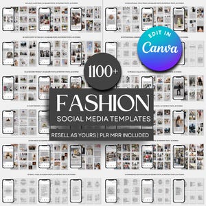 Op de afbeelding: Een compositie van smartphone-mockups met social media-sjablonen met modethema. De afbeelding bevat de tekst "FASHION SOCIAL MEDIA TEMPLATES" en "RESELL AS YOURS | PLR MRR INCLUDED". De afbeelding bevat ook de tekst "EDIT IN Canva".