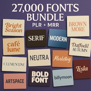 Puede incluir: Gráfico que presenta un paquete de fuentes con el texto "27,000 FONTS BUNDLE". Varias tarjetas cuadradas muestran nombres de fuentes como "Bright Season", "Serif", "Modern" y "Bold Font" en varios colores sobre un fondo púrpura.