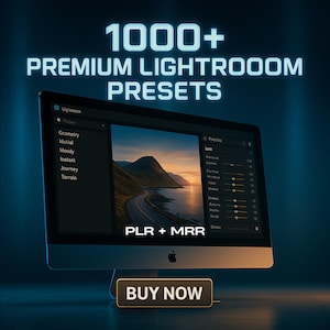 Puede incluir: Un monitor de computadora muestra el texto "1000+ PREMIUM LIGHTROOM PRESETS". La pantalla muestra una foto de paisaje con opciones de edición. El botón de abajo dice "COMPRAR AHORA".