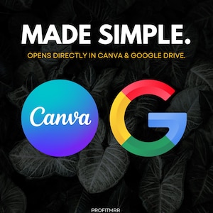 Pu&ograve; includere: Grafica con il testo "MADE SIMPLE." e "OPENS DIRECTLY IN CANVA & GOOGLE DRIVE." Il logo di Canva &egrave; un cerchio sfumato blu e viola con testo bianco. Il logo di Google &egrave; una "G" colorata.