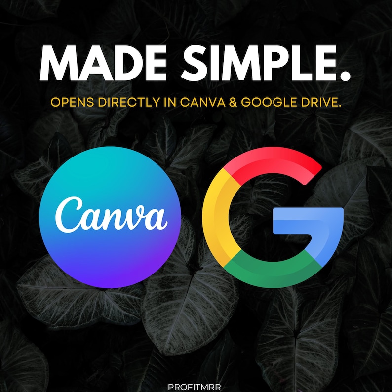 Pu&ograve; includere: Grafica con il testo "MADE SIMPLE." e "OPENS DIRECTLY IN CANVA & GOOGLE DRIVE." Il logo di Canva &egrave; un cerchio sfumato blu e viola con testo bianco. Il logo di Google &egrave; una "G" colorata.