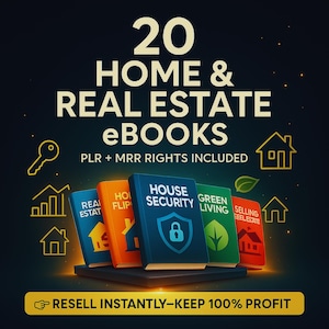 Op de afbeelding: Een digitale afbeelding met 20 HOME & REAL ESTATE EBOOKS inclusief PLR + MRR RIGHTS INCLUDED. Vijf gekleurde boeken worden getoond met titels zoals HOUSE SECURITY, GREEN LIVING en SELLING REAL ESTATE. Bevat RESELL INSTANTLY-KEEP 100% PROFIT.