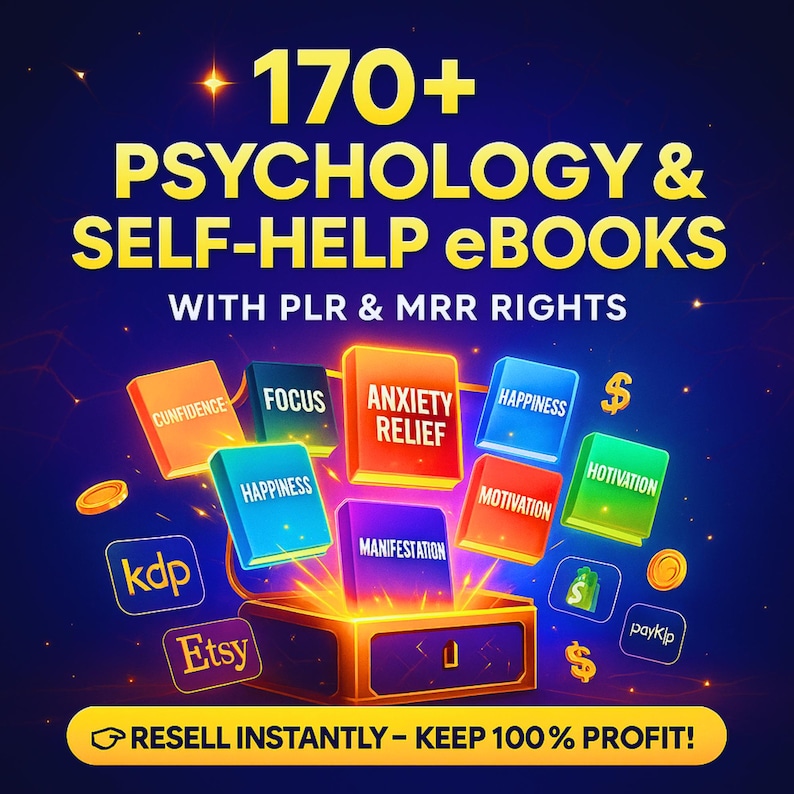 May include: A digital graphic promoting 170+ psychology and self-help eBooks with PLR and MRR rights. The image features colorful book covers with titles like "Anxiety Relief" and "Happiness," along with the text "Resell Instantly - Keep 100% Profit!"