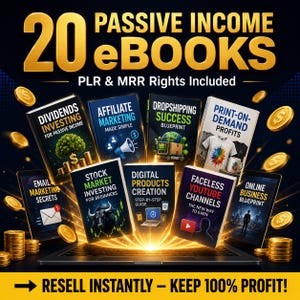 Puede incluir: Una colección digital de 20 libros electrónicos sobre ingresos pasivos con derechos PLR y MRR. La imagen muestra portadas de libros tituladas Dividends Investing, Affiliate Marketing, Dropshipping Success, Print-on-Demand Profits, Email Marketing, Stock Market, Digital Products, Faceless YouTube Channels y Online Business. Monedas de oro rodean los libros.