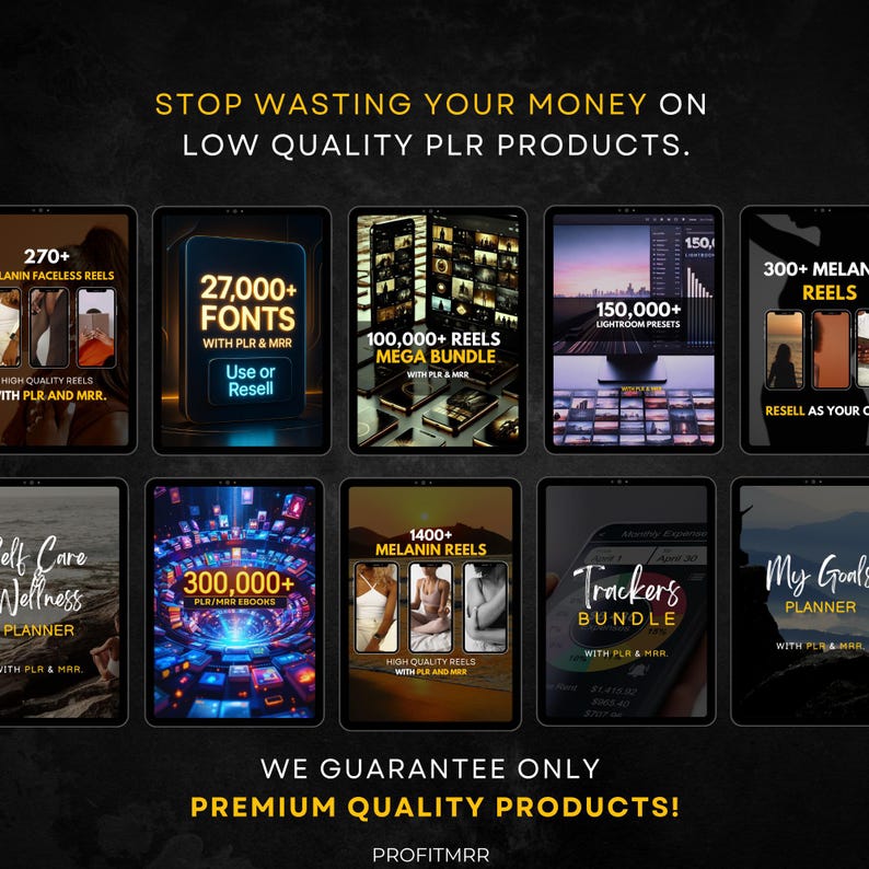 May include: A promotional image featuring various digital product bundles, including fonts, reels, and ebooks. Text highlights the number of items in each bundle, such as "27,000+ FONTS" and "100,000+ REELS MEGA BUNDLE." The image promotes premium quality products.