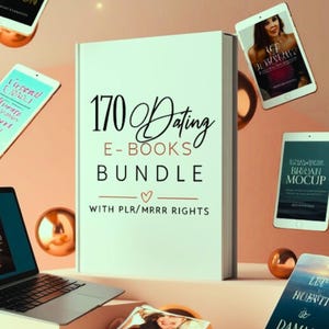 Peut inclure: Un grand livre blanc intitulé "170 Dating E-Books Bundle" avec le texte "WITH PLR/MRRR RIGHTS." Plusieurs tablettes et un ordinateur portable entourent le livre. Les tablettes affichent des couvertures de livres. Le fond est de couleur pêche clair.