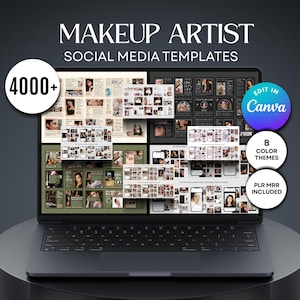 Könnte beinhalten: Ein Laptop, der Social-Media-Vorlagen für Maskenbildner anzeigt. Der Bildschirm zeigt verschiedene Layouts mit Bildern und Text, darunter die Wörter "MAKEUP ARTIST" und "SOCIAL MEDIA TEMPLATES". Zusätzlicher Text enthält "4000+", "EDIT IN Canva", "8 COLOR THEMES" und "PLR MRR INCLUDED".