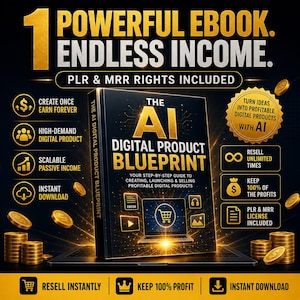 May include: A black book titled The AI Digital Product Blueprint with gold text and graphics. The cover features a laptop icon, digital symbols, and text including 1 Powerful Ebook. Endless Income. PLR & MRR Rights Included, surrounded by gold coins.