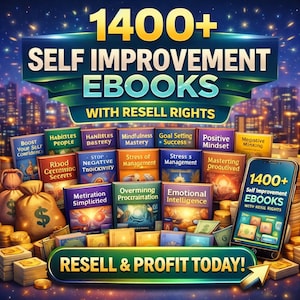 May include: An image promoting self-improvement ebooks. The graphic shows the text "1400+ SELF IMPROVEMENT EBOOKS WITH RESELL RIGHTS" and "RESELL & PROFIT TODAY!" alongside various ebook titles and a smartphone displaying the ebooks.