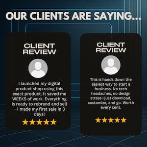 May include: Image featuring two black panels with client reviews. Each panel includes a user icon, text, and five gold stars. The text highlights the ease of starting a business and saving time.