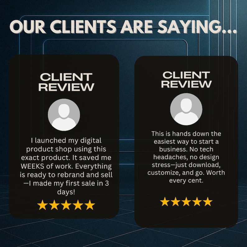 May include: Image featuring two black panels with client reviews. Each panel includes a user icon, text, and five gold stars. The text highlights the ease of starting a business and saving time.