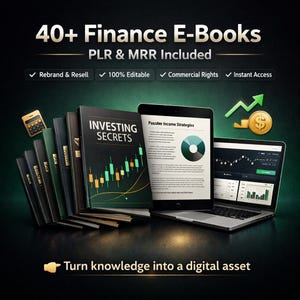 Puede incluir: Imagen que promociona libros electrónicos de finanzas. La imagen presenta una pila de libros, una tableta y un portátil que muestra gráficos financieros. El texto incluye "40+ Finance E-Books", "PLR & MRR Included" y "Turn knowledge into a digital asset."