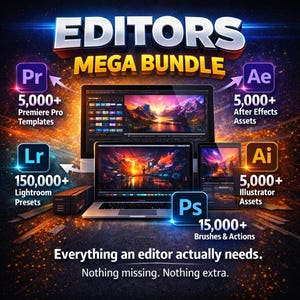 Peut inclure: Image promotionnelle pour un méga pack d'éditeur, avec un ordinateur de bureau, un ordinateur portable et une tablette affichant des interfaces de logiciels de montage. Le texte comprend "EDITORS MEGA BUNDLE", "5 000+ modèles Premiere Pro".